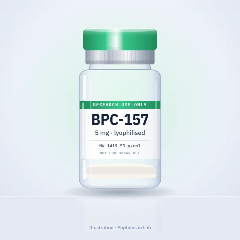 Illustration of a BPC-157 research peptide vial, labelled research use only