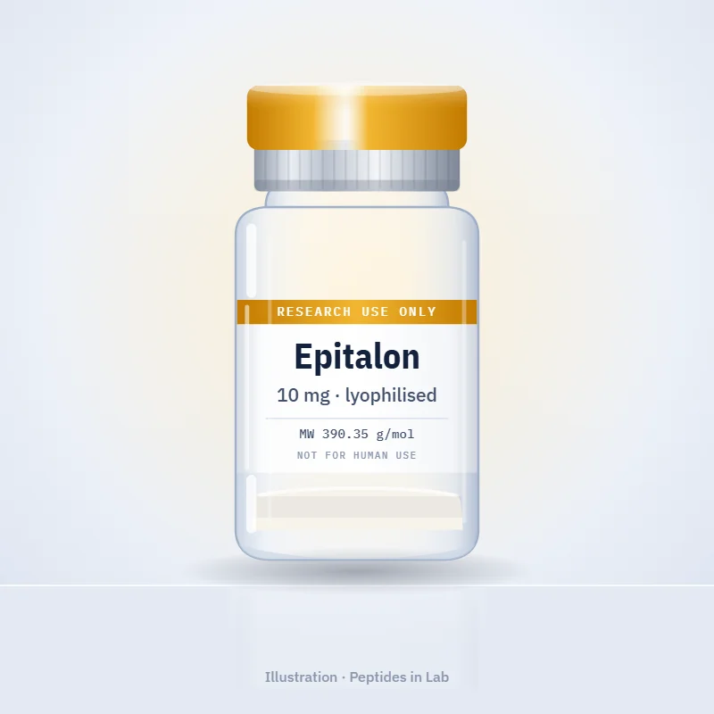 Illustration of a Epitalon research peptide vial, labelled research use only