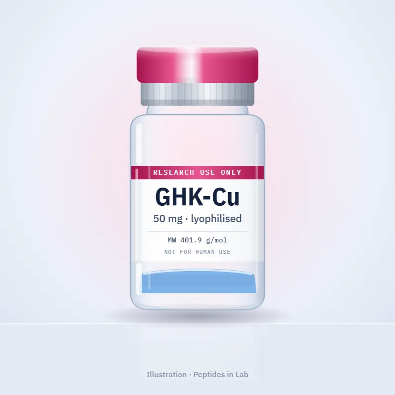 Illustration of a GHK-Cu research peptide vial, labelled research use only