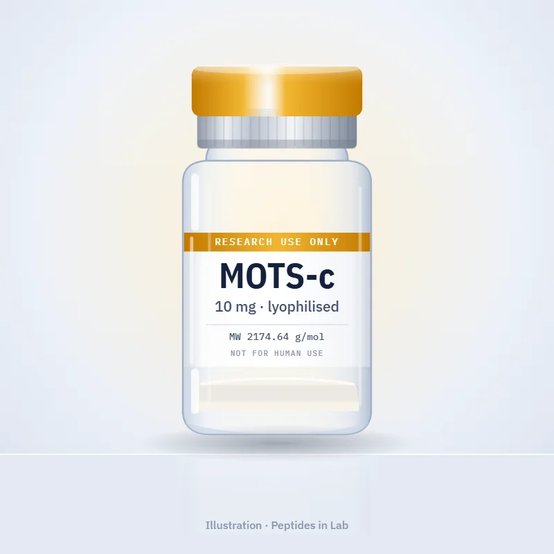 Illustration of a MOTS-c research peptide vial, labelled research use only