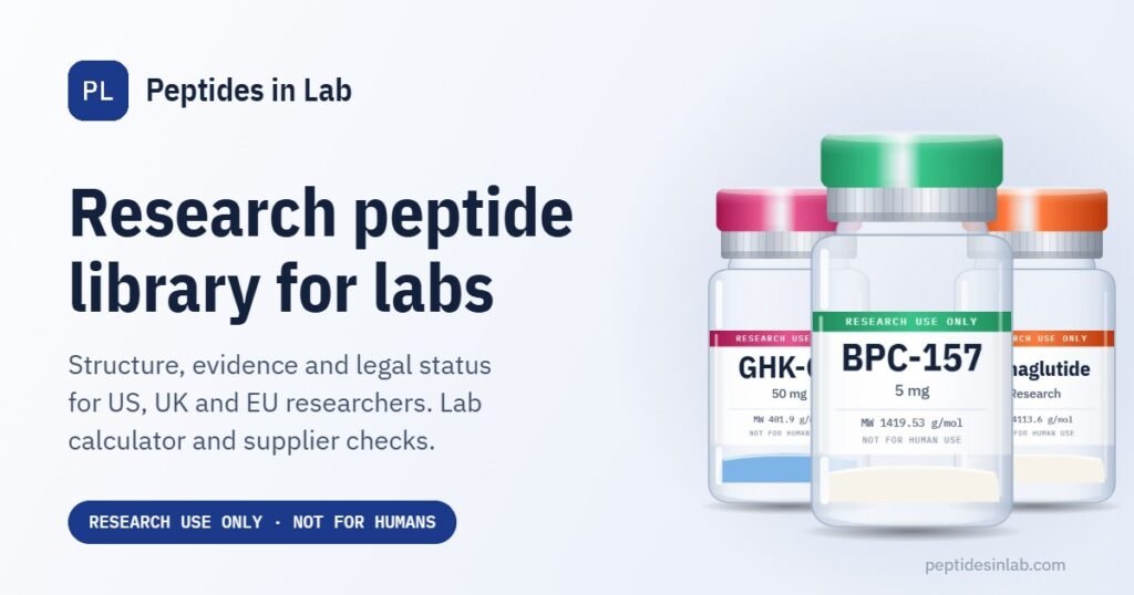 Peptides in Lab research peptide library: BPC-157, GHK-Cu and semaglutide research vial illustrations