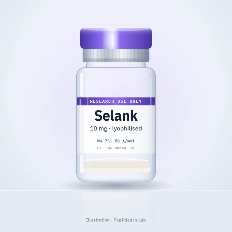 Illustration of a Selank research peptide vial, labelled research use only