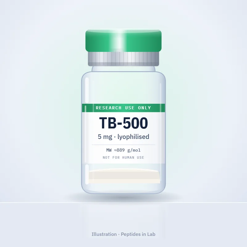 Illustration of a TB-500 research peptide vial, labelled research use only